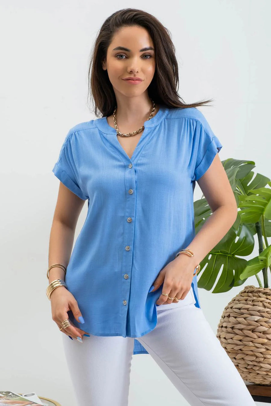 Amy Rolled Sleeve Woven Top | Blue