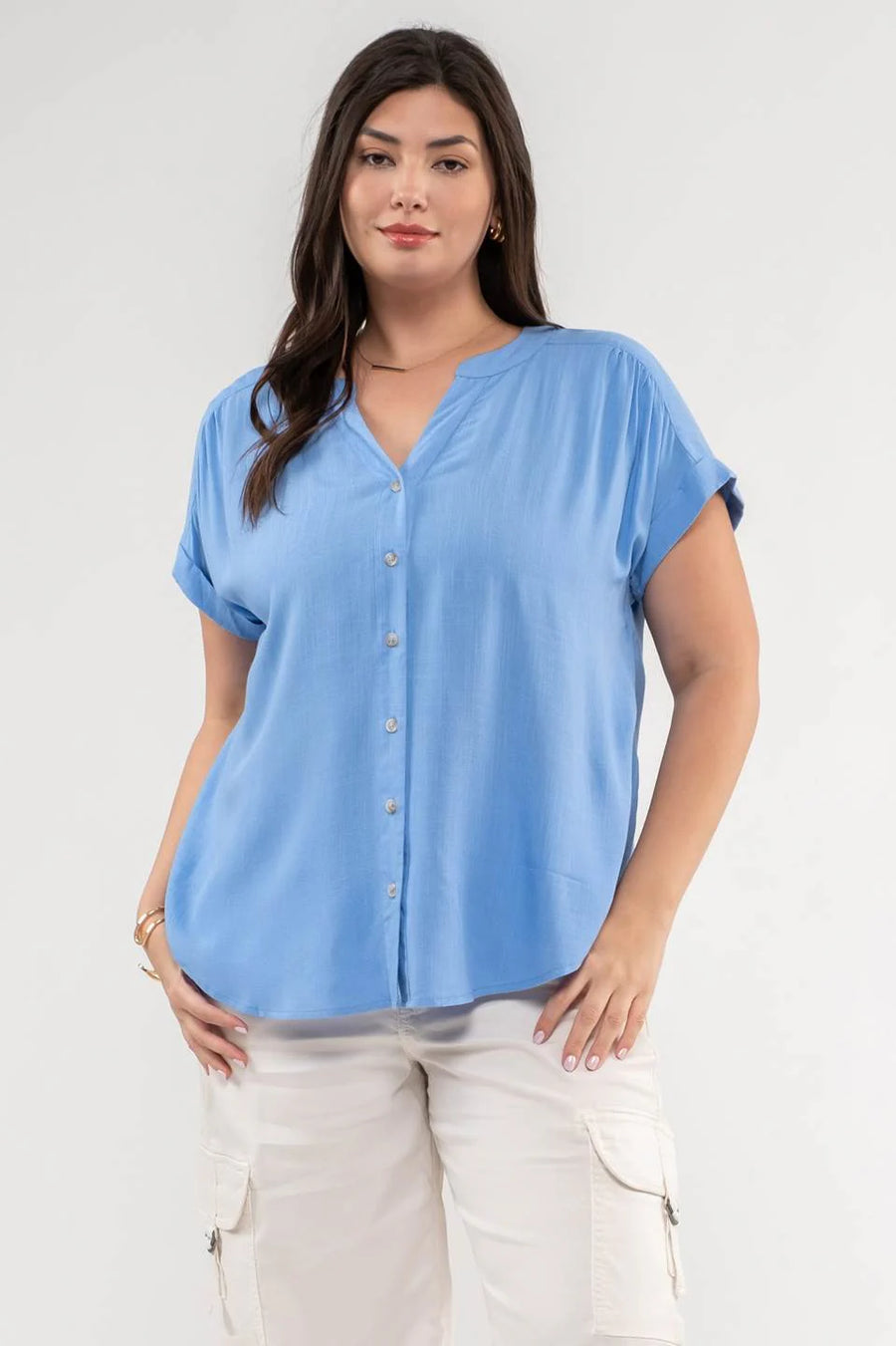 Amy Rolled Sleeve Woven Top | Blue