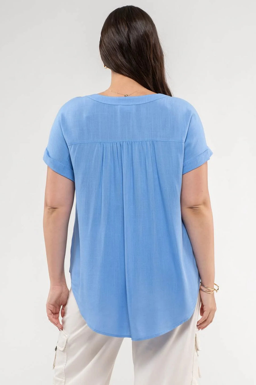 Amy Rolled Sleeve Woven Top | Blue