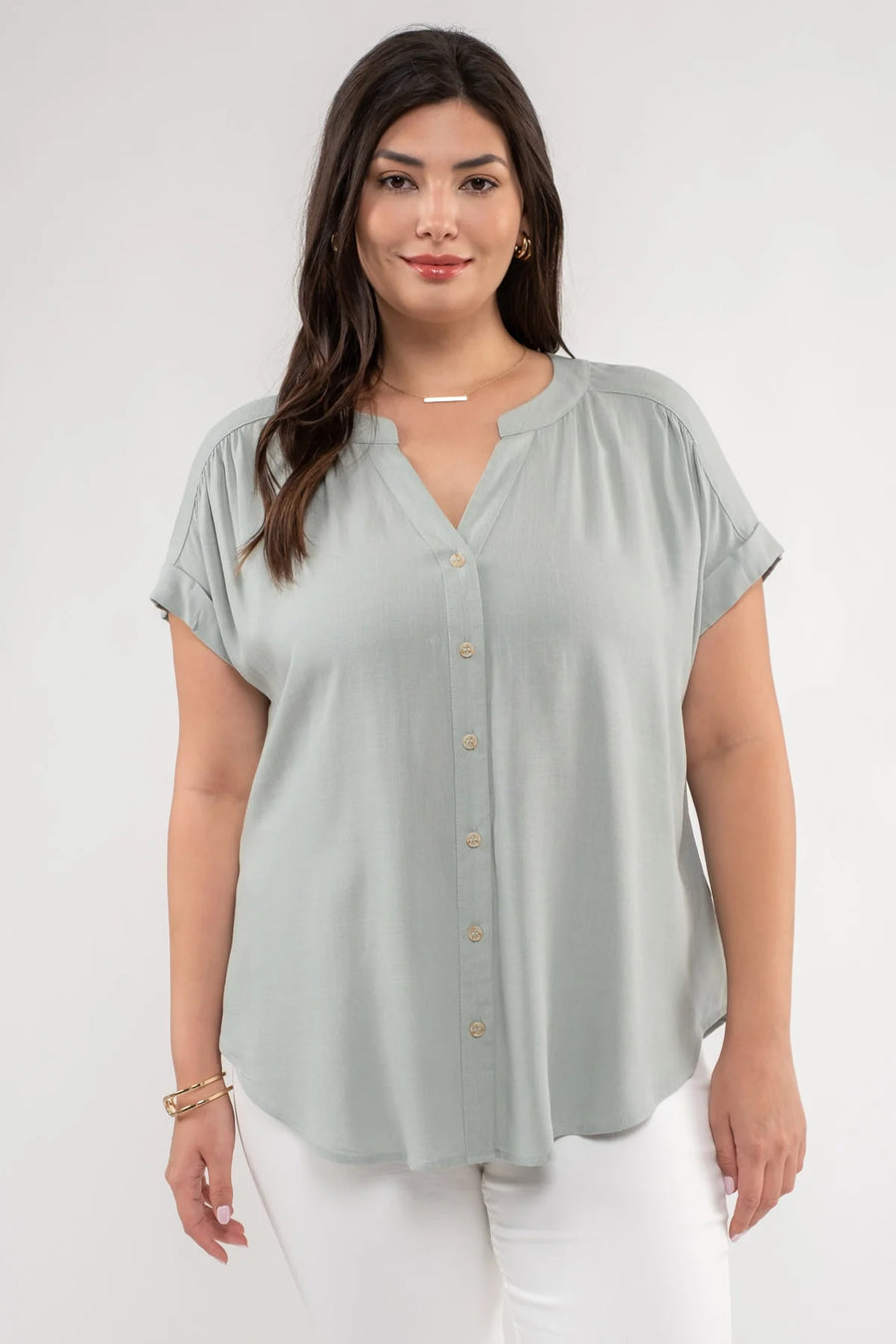 Amy Rolled Sleeve Woven Top | Sage