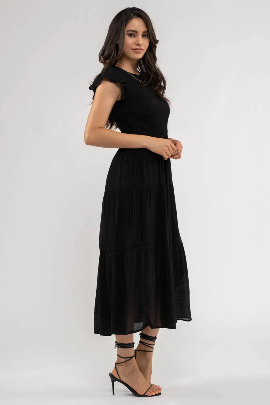 Abigail Smocked Tiered Midi Dress | Black