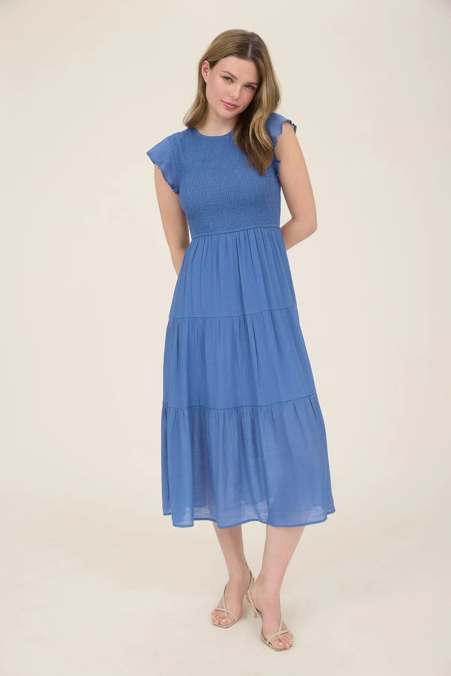 Abigail Smocked Tiered Midi Dress | Dusty Blue