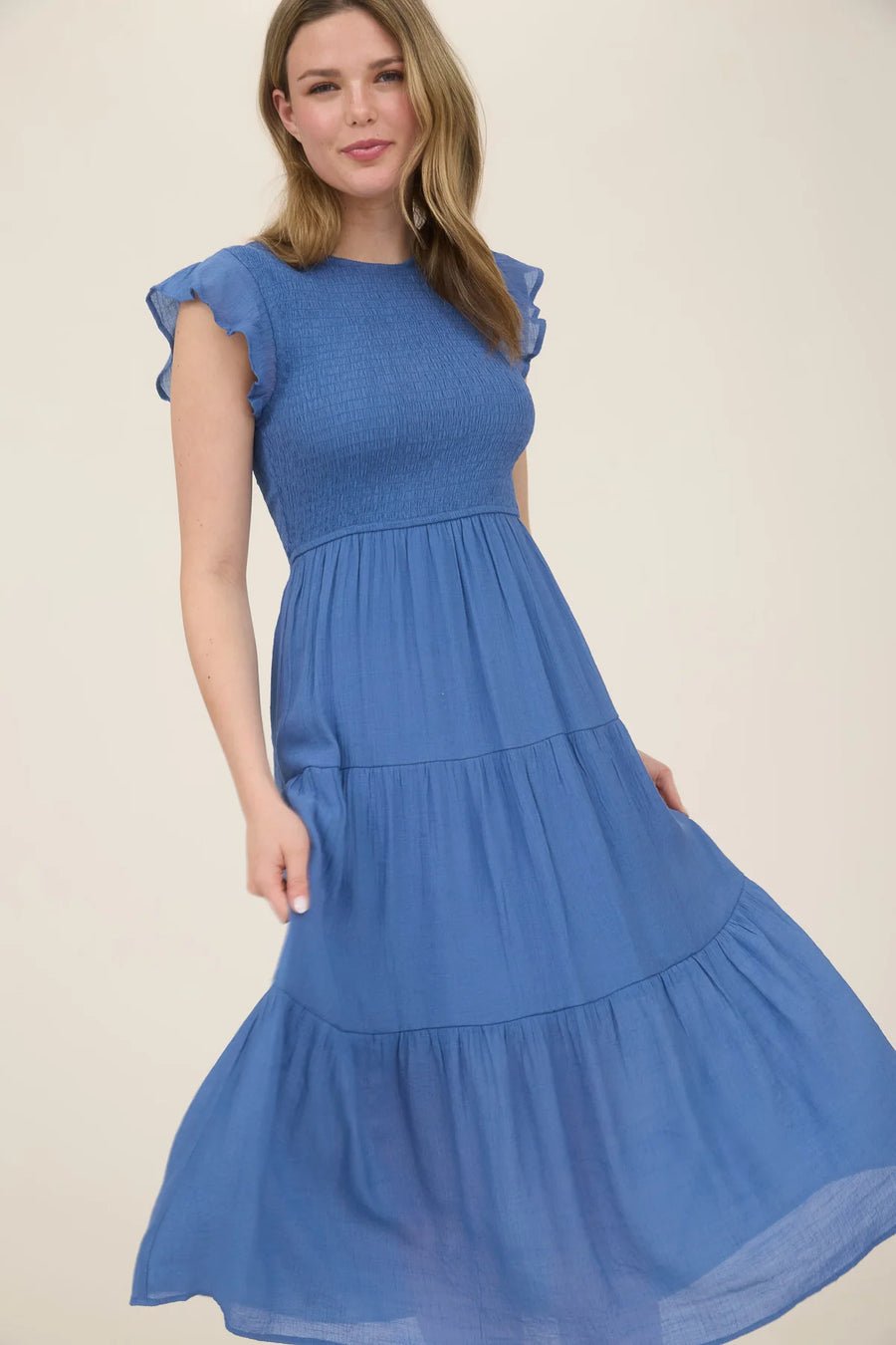 Abigail Smocked Tiered Midi Dress | Dusty Blue