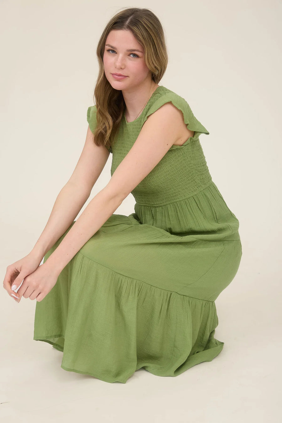 Abigail Smocked Tiered Midi Dress | Olive Green