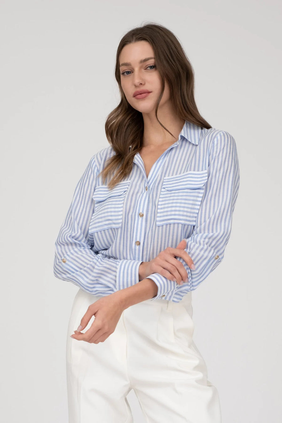 Cassidy | Striped Lightweight Woven Top | Blue