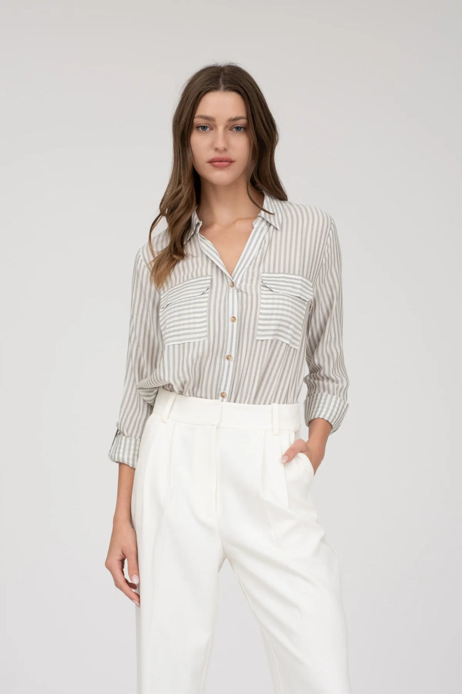 Cassidy Striped Lightweight Woven Top | Olive