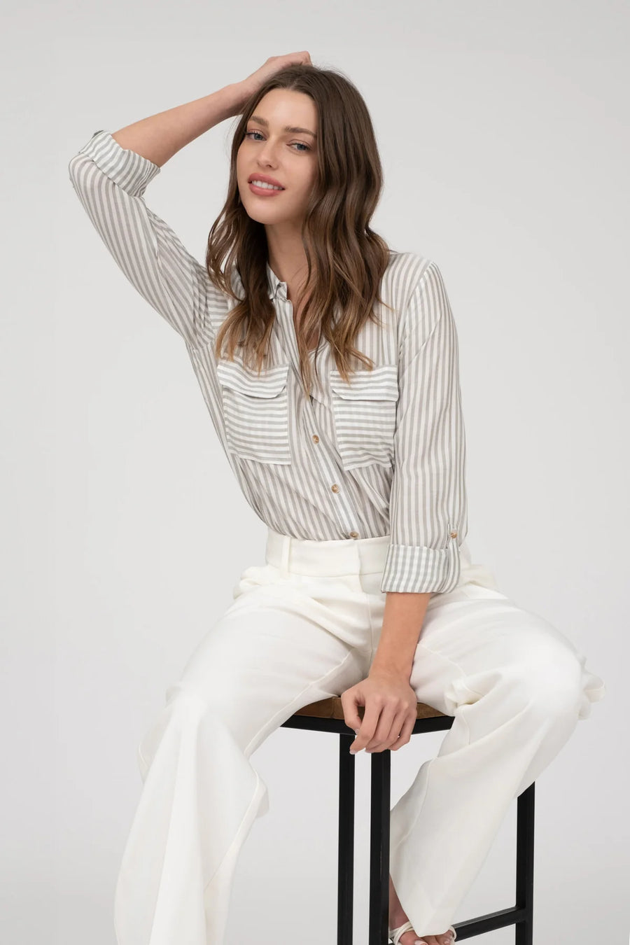 Cassidy Striped Lightweight Woven Top | Olive