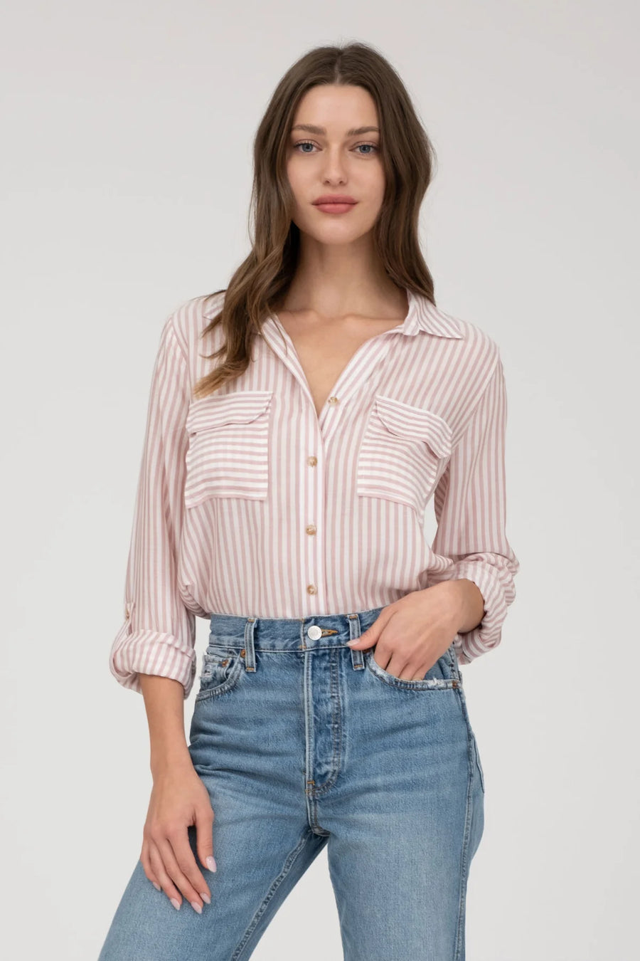 Cassidy Striped Lightweight Woven Top | Peach