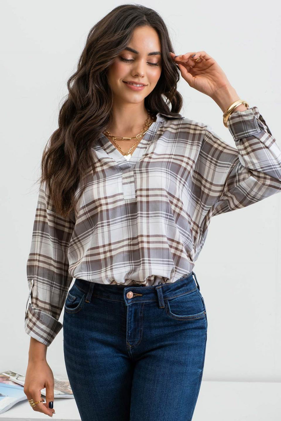 Persephone Plaid Top | Dusty Green