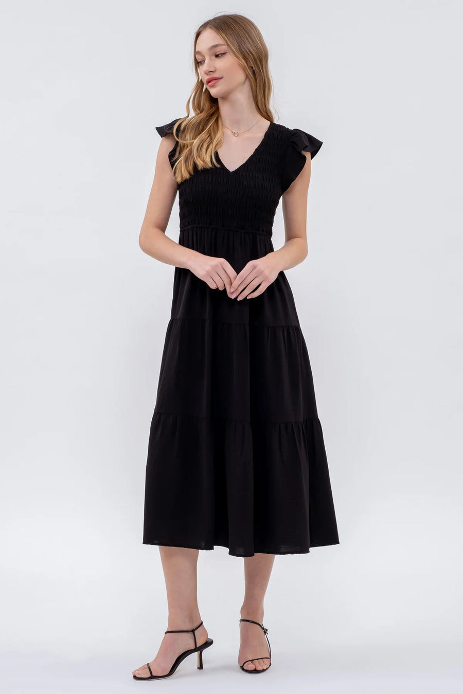Abby Flutter Sleeve V-Neck Midi Dress | Black