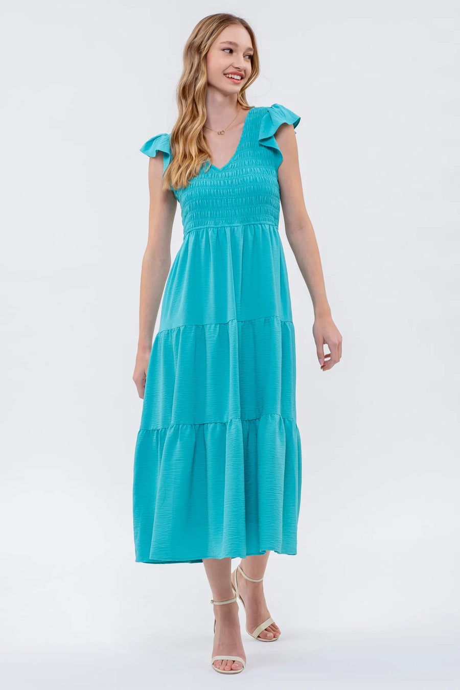Abby Flutter Sleeve V-Neck Midi Dress | Turquoise