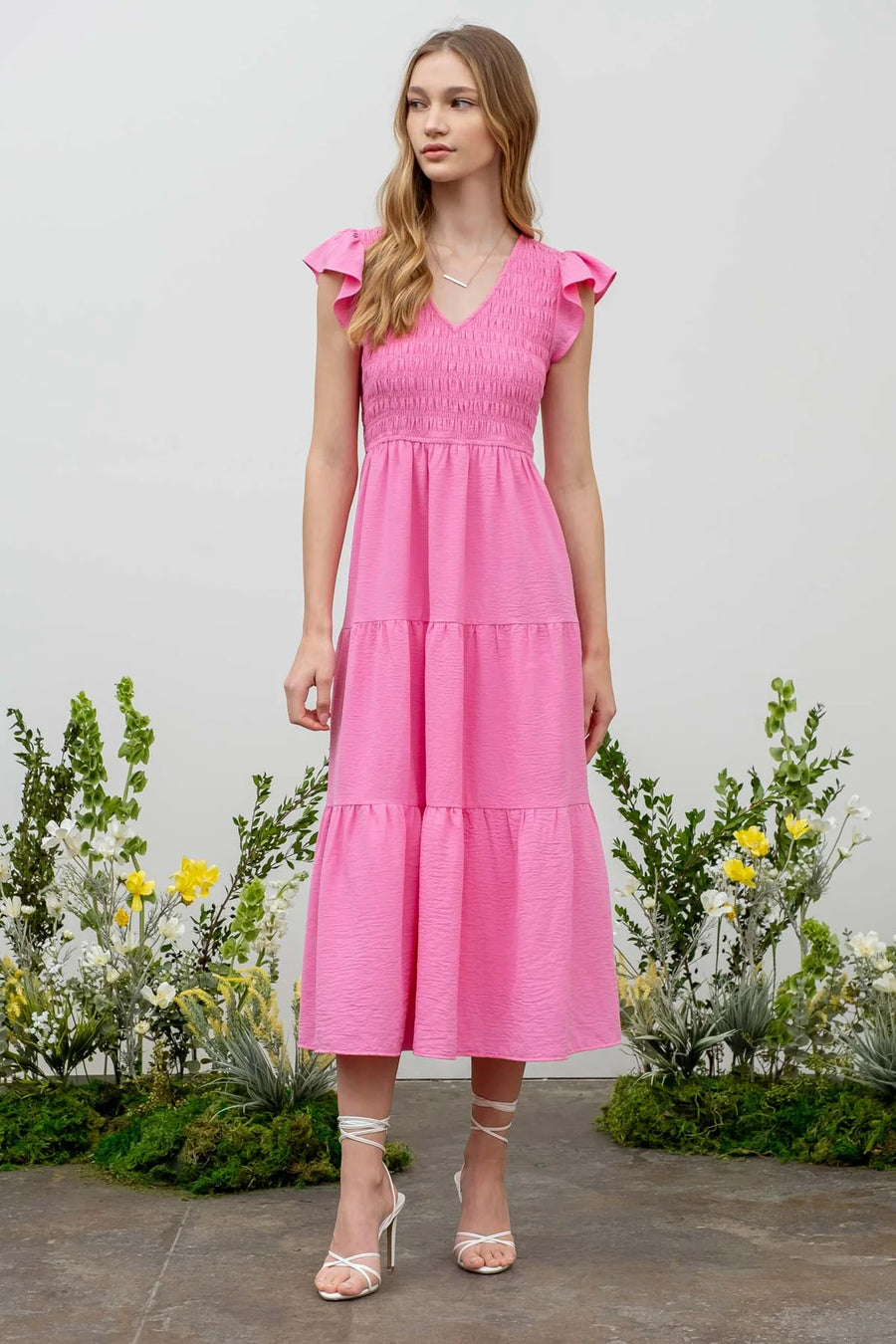 Abby Flutter Sleeve V-Neck Midi Dress | Pink