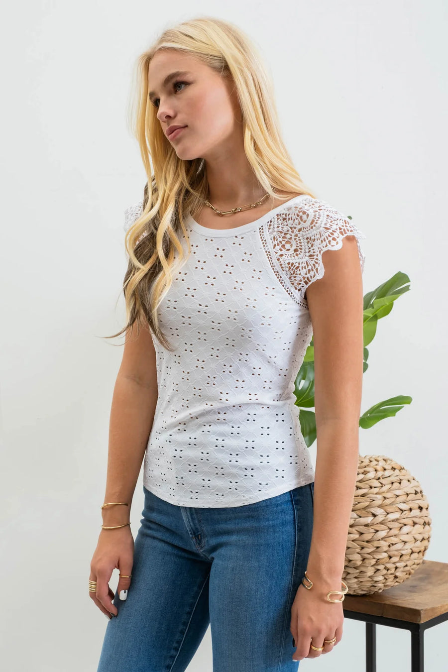 Rebecca Eyelet Embroidery Knit Top | White