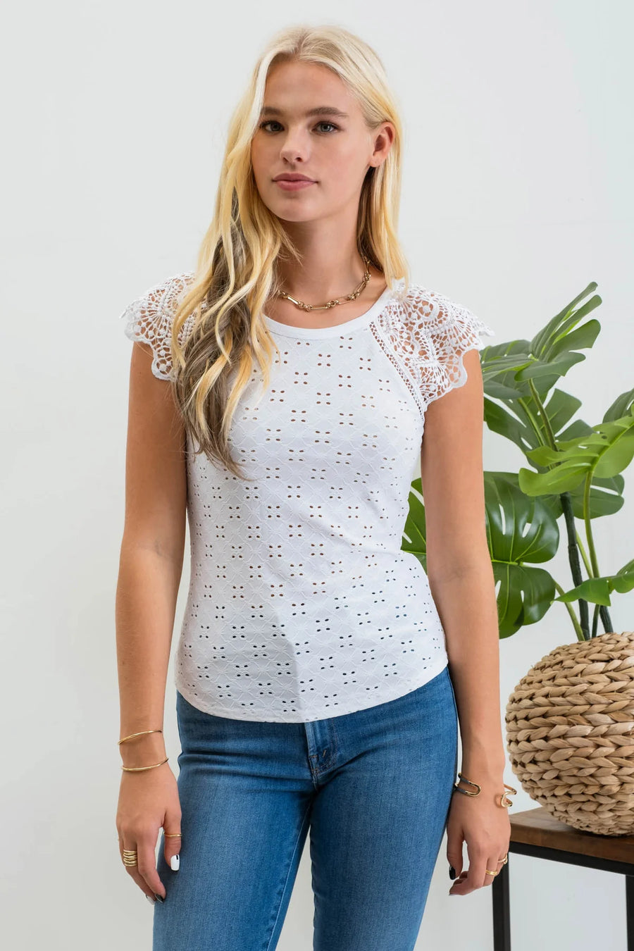 Rebecca Eyelet Embroidery Knit Top | White
