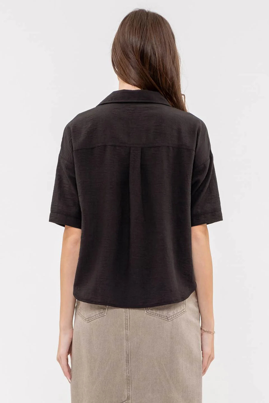 Helen | Gauze-Like Short Sleeve Button Down Shirt | Black