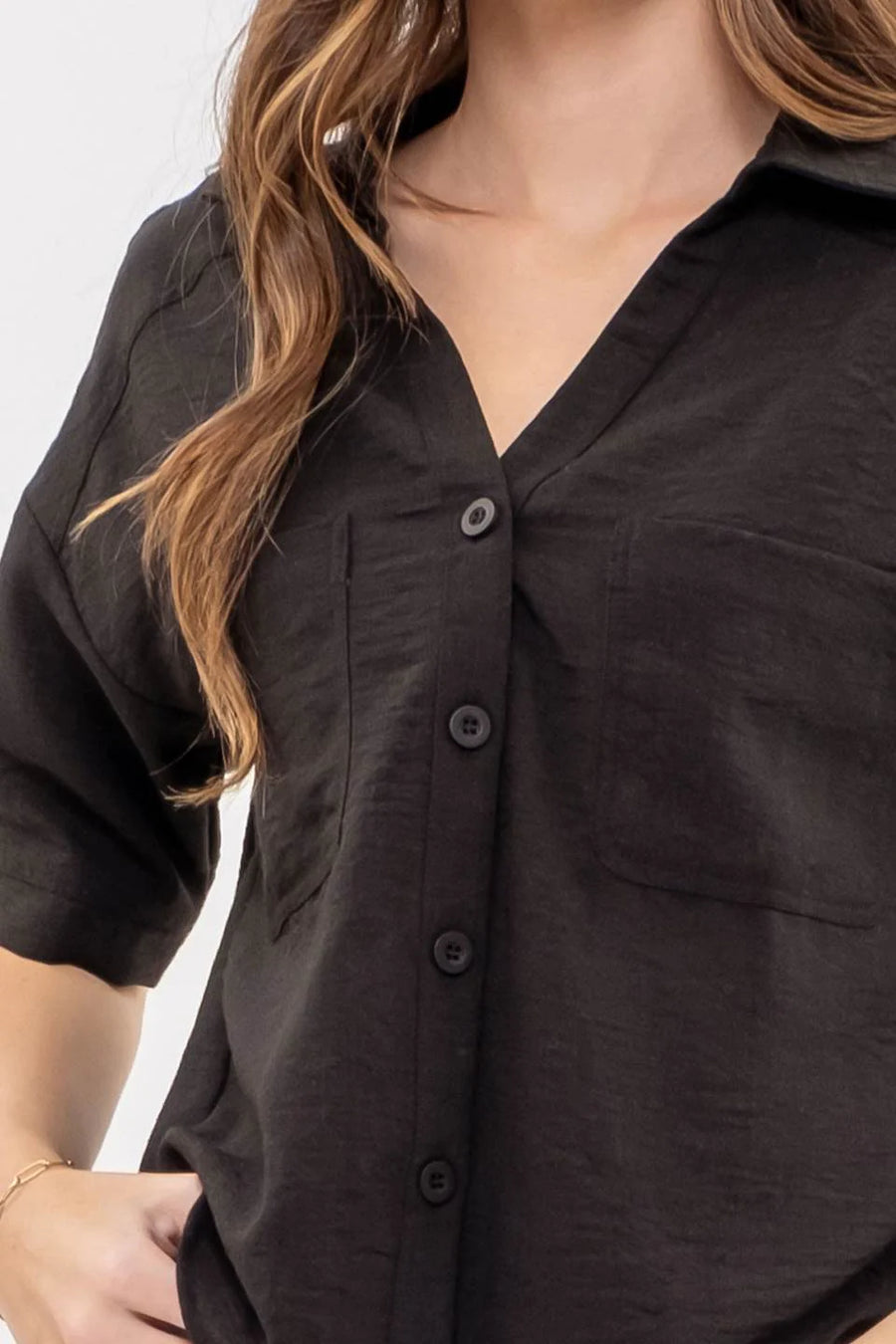 Helen | Gauze-Like Short Sleeve Button Down Shirt | Black