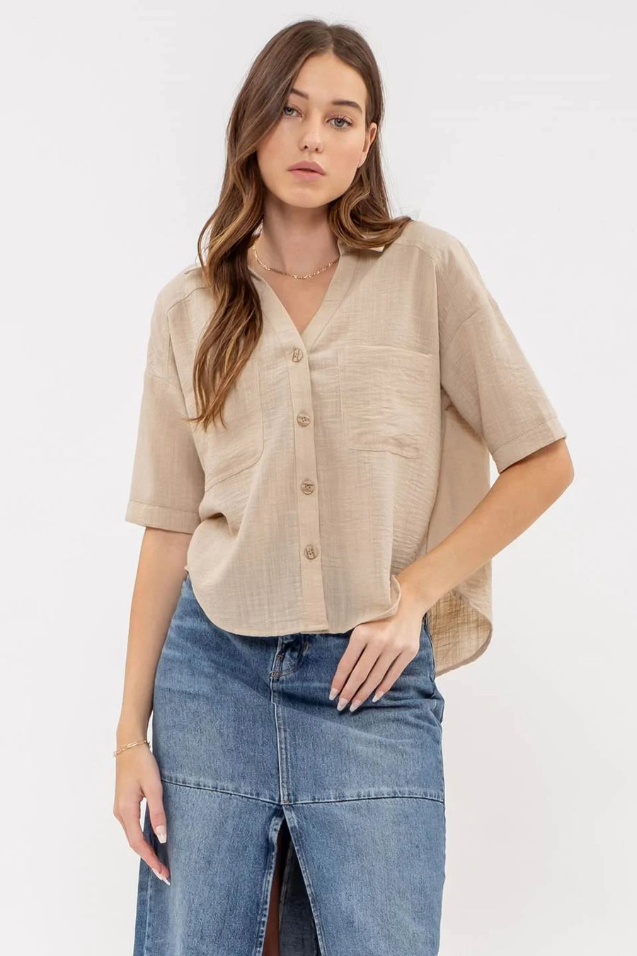 Helen | Gauze-Like Short Sleeve Button Down Shirt | Khaki