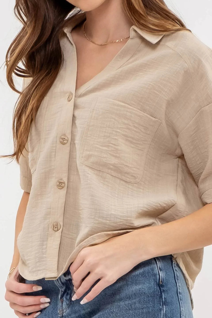 Helen | Gauze-Like Short Sleeve Button Down Shirt | Khaki