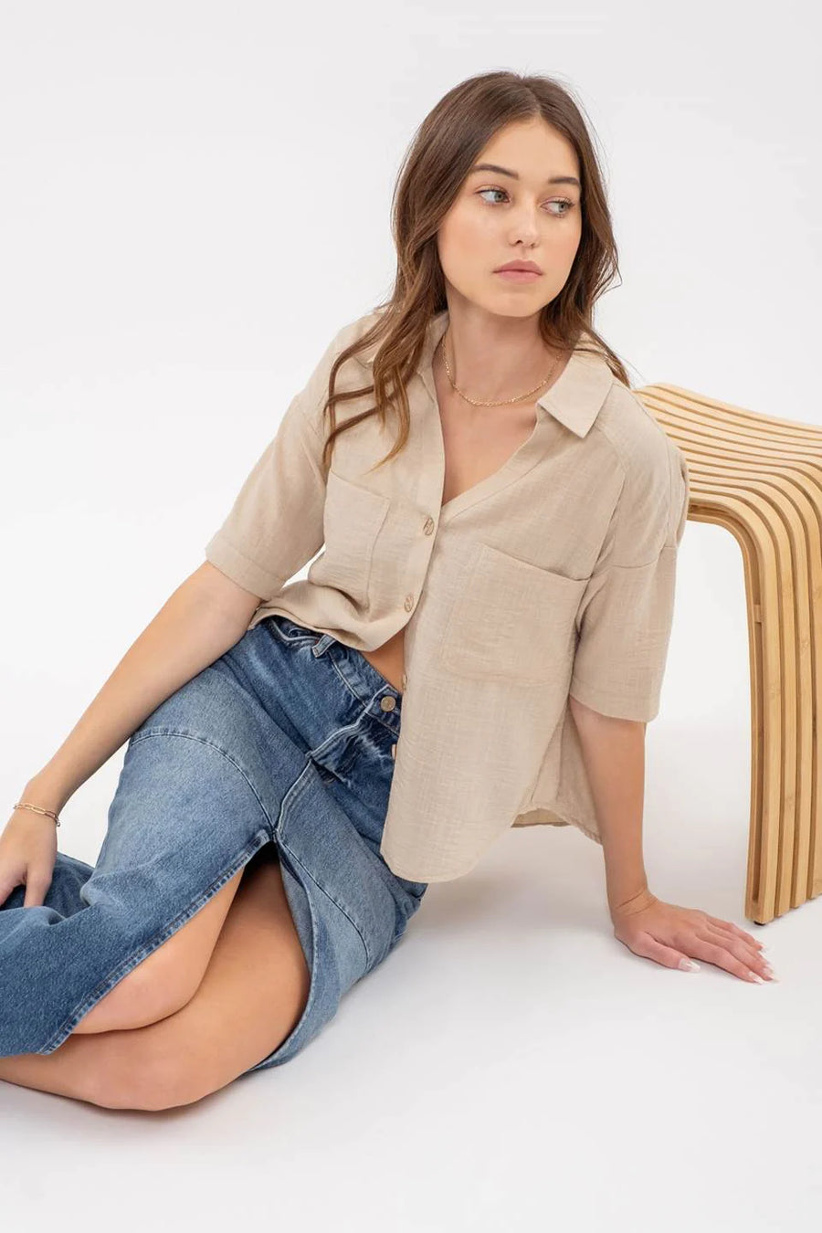 Helen | Gauze-Like Short Sleeve Button Down Shirt | Khaki