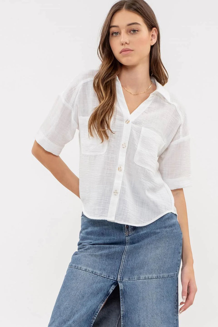 Helen | Gauze-Like Short Sleeve Button Down Shirt | White