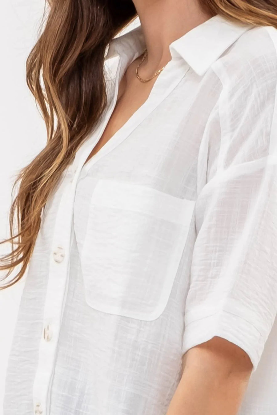 Helen | Gauze-Like Short Sleeve Button Down Shirt | White