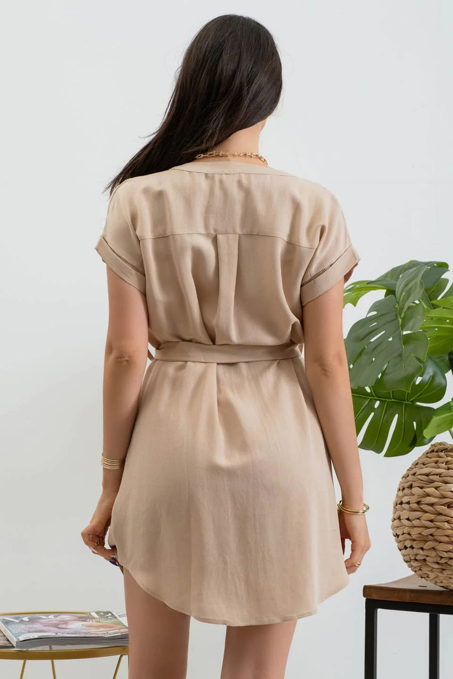 Marina | Split Neck Belted Mini Dress | Khaki *FINAL SALE*