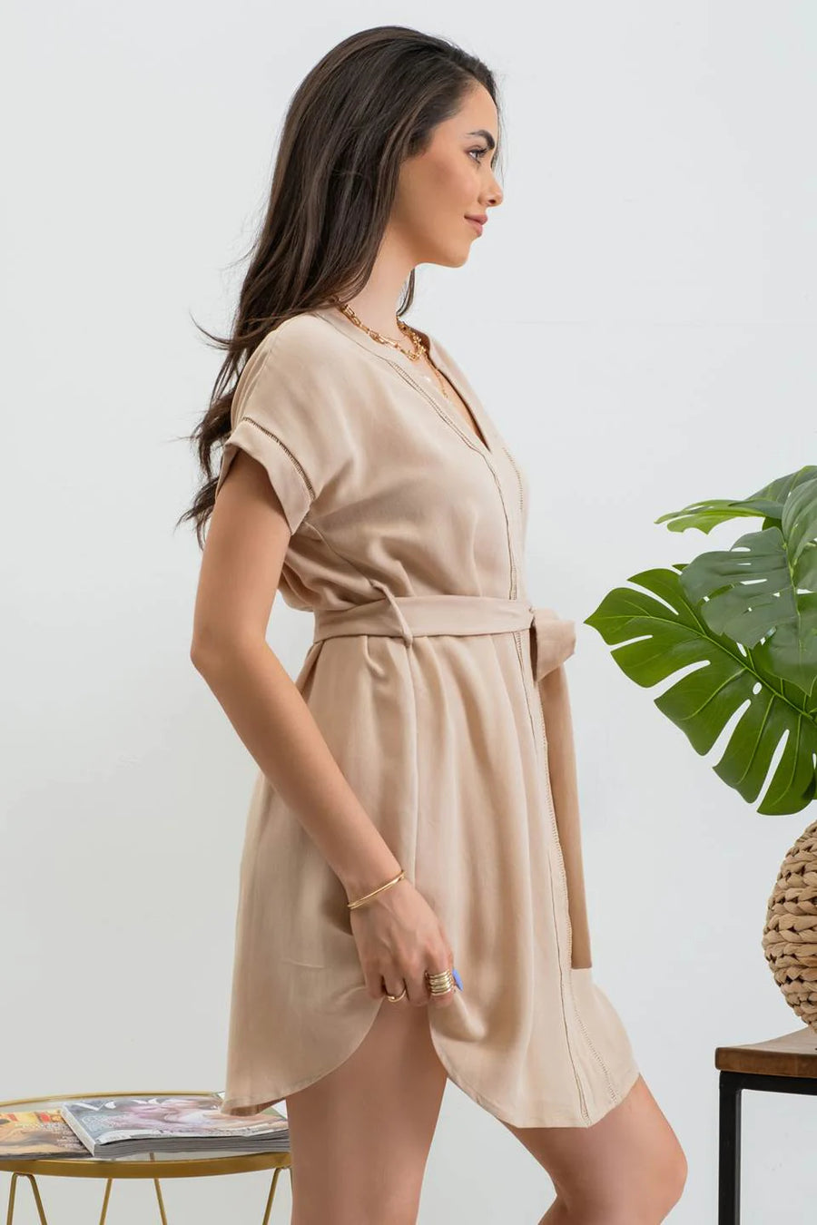 Marina | Split Neck Belted Mini Dress | Khaki *FINAL SALE*