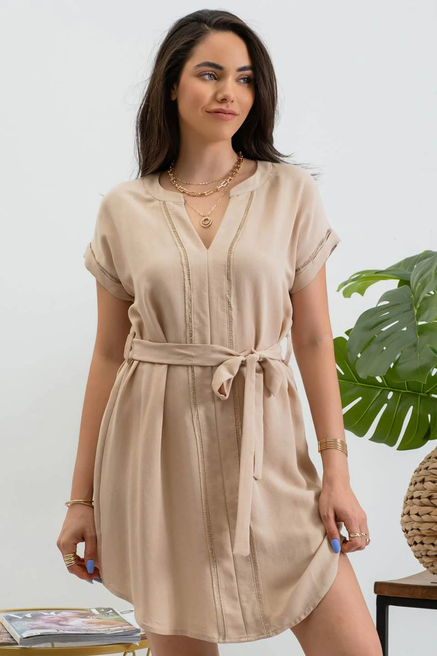 Marina | Split Neck Belted Mini Dress | Khaki *FINAL SALE*