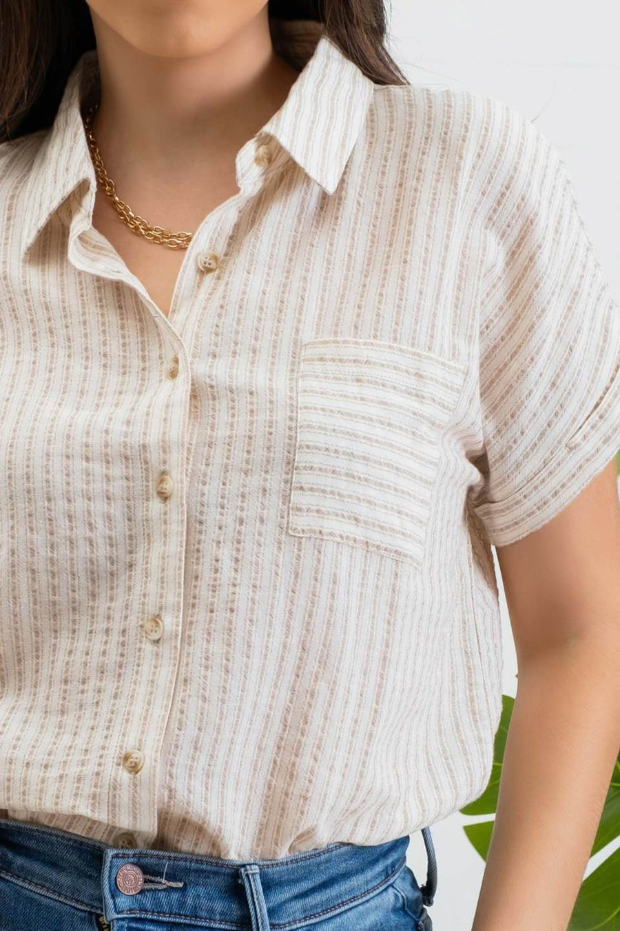 Hannah Short Sleeve Striped Button Up Shirt | Khaki *FINAL SALE*