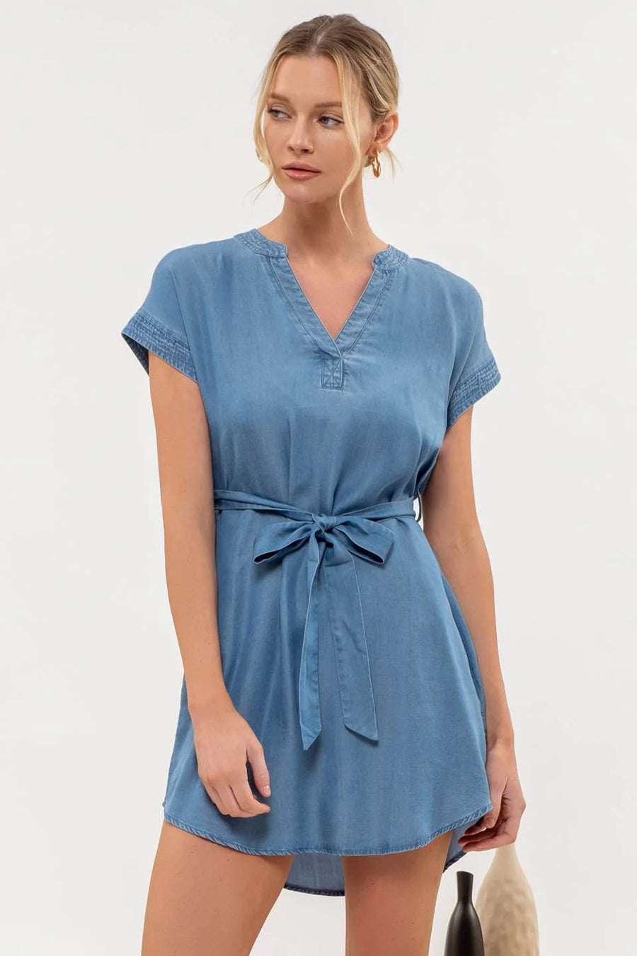Jolene Split Neck Belted Mini Dress | Chambray