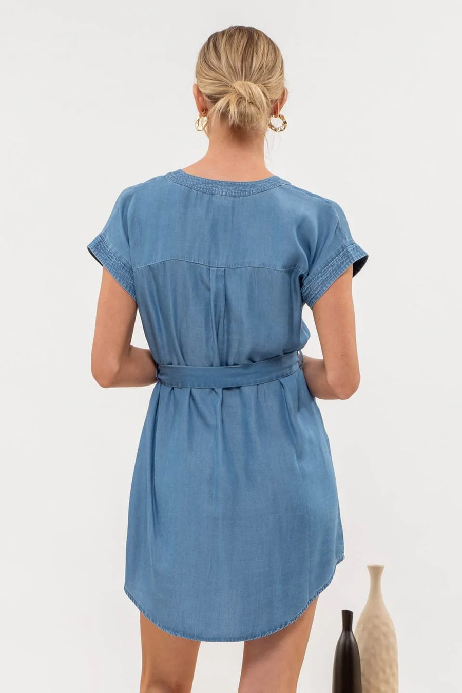 Jolene Split Neck Belted Mini Dress | Chambray