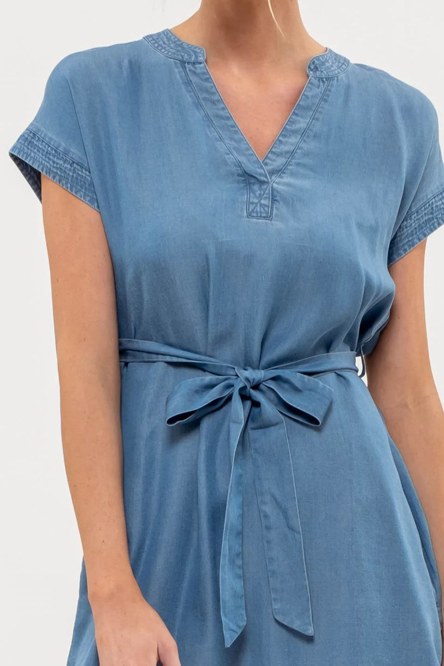 Jolene Split Neck Belted Mini Dress | Chambray
