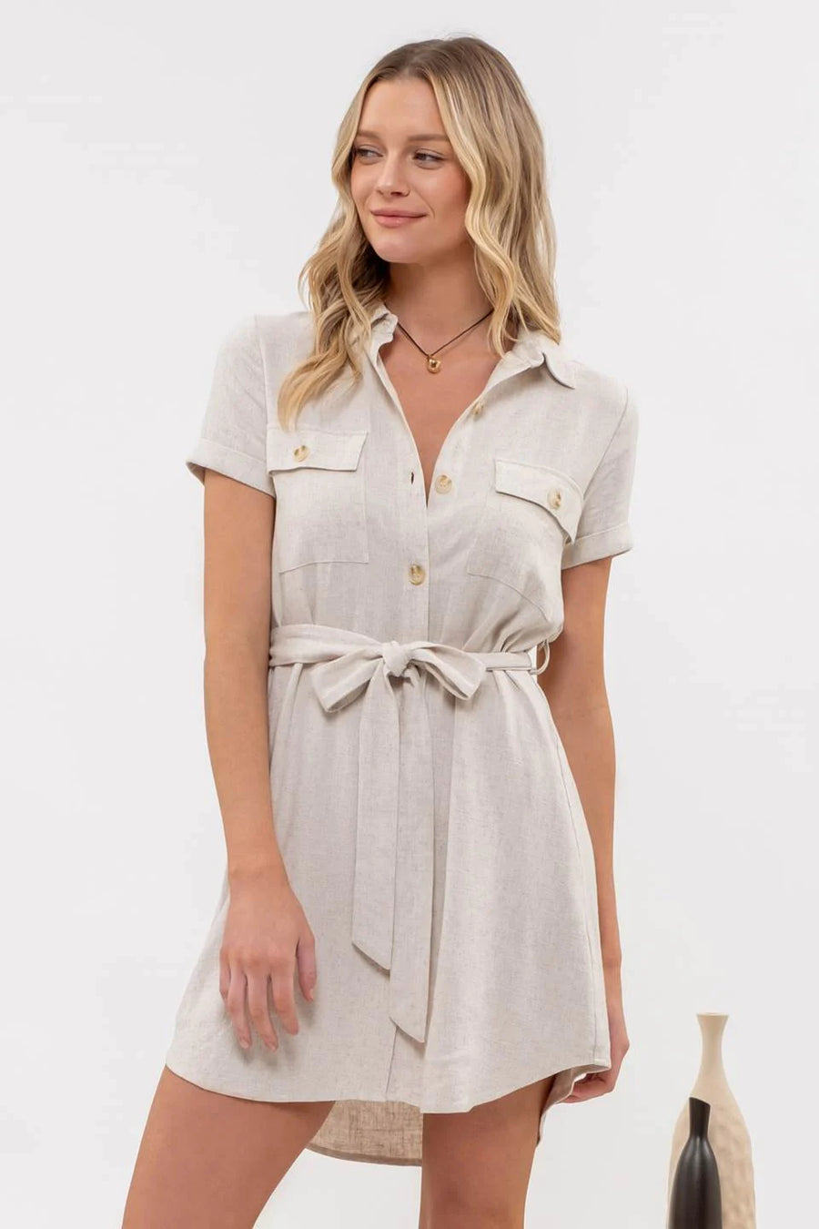 Boardwalk Breeze | Collared Button Down Belted Mini Dress | Natural