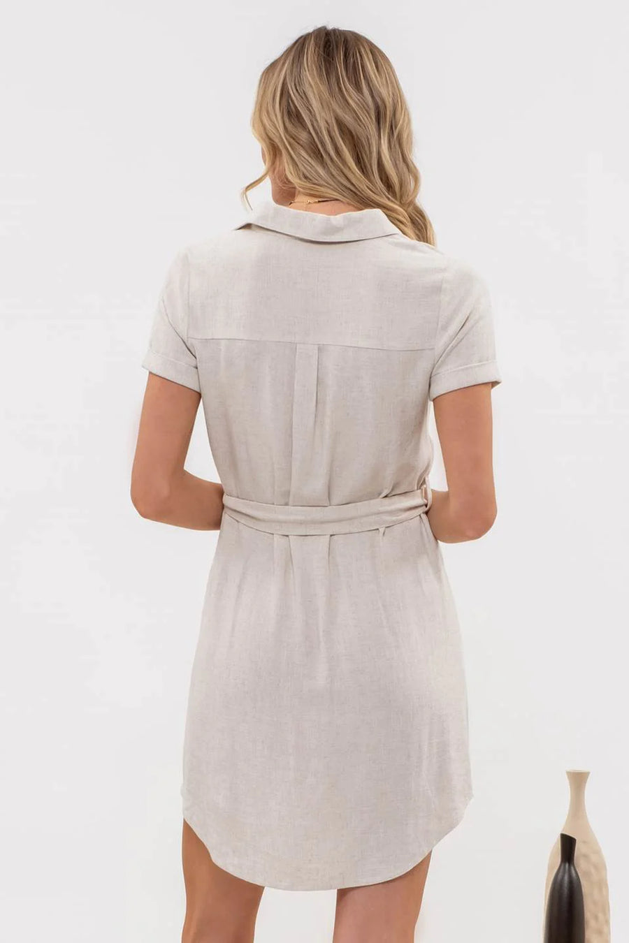 Boardwalk Breeze | Collared Button Down Belted Mini Dress | Natural