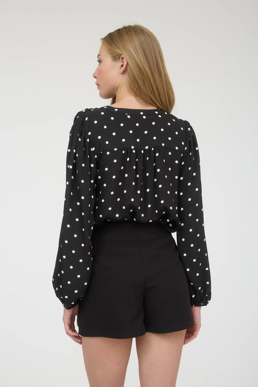 A La Mode | Polka Dot Henley Neckline Long Sleeve Blouse | Black