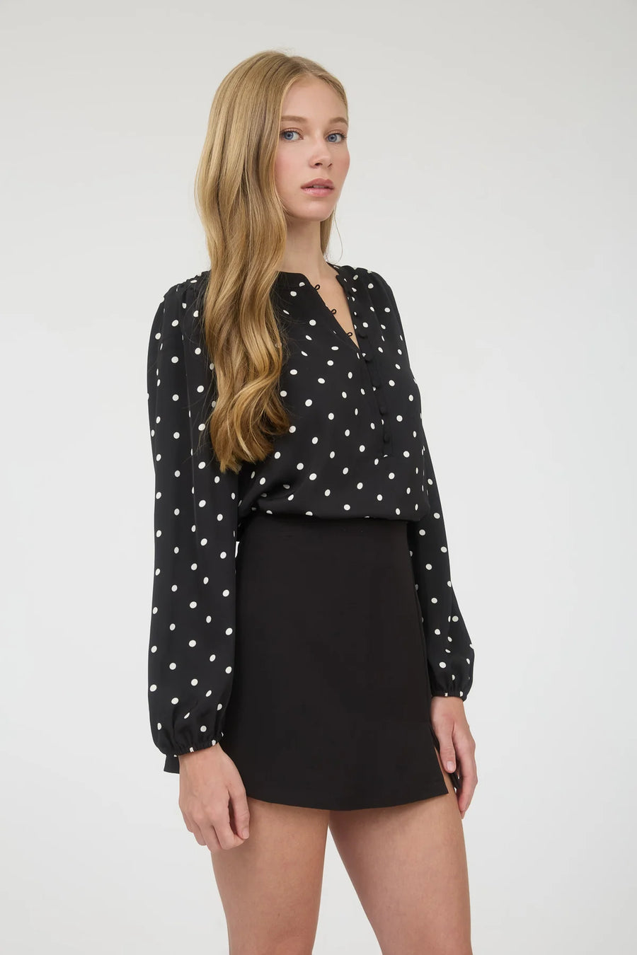 A La Mode | Polka Dot Henley Neckline Long Sleeve Blouse | Black