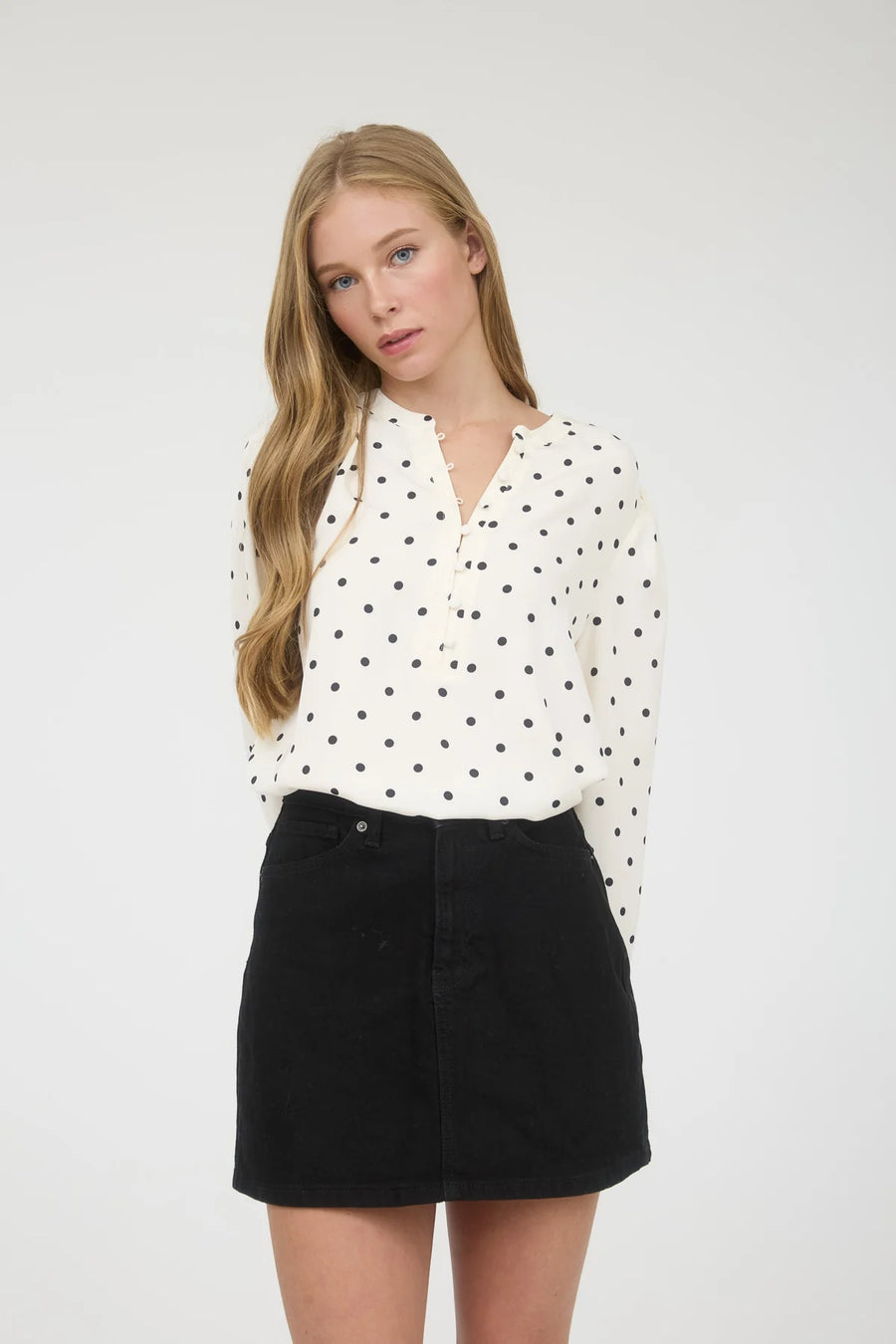 A La Mode | Polka Dot Henley Neckline Long Sleeve Blouse | Champagne