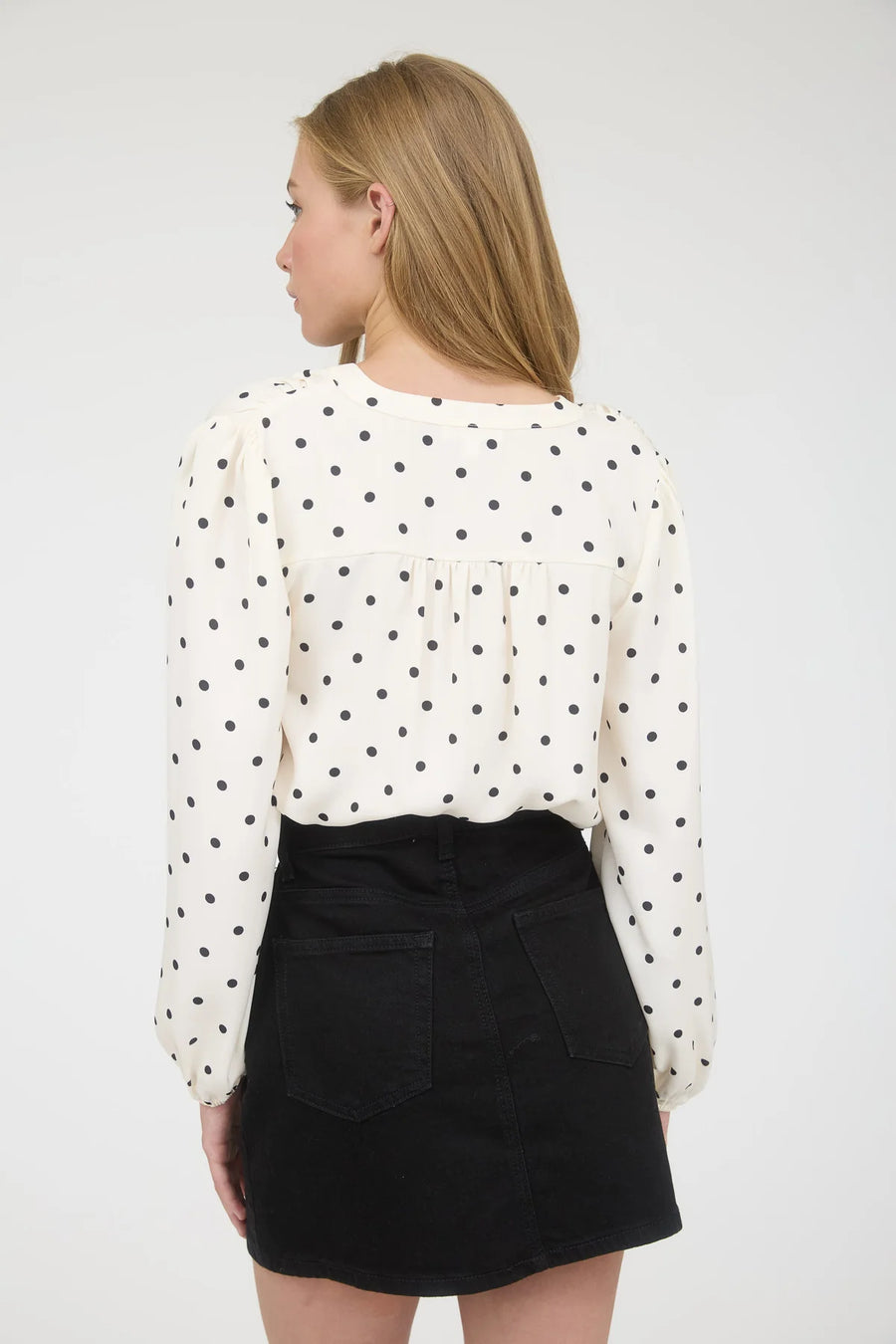 A La Mode | Polka Dot Henley Neckline Long Sleeve Blouse | Champagne