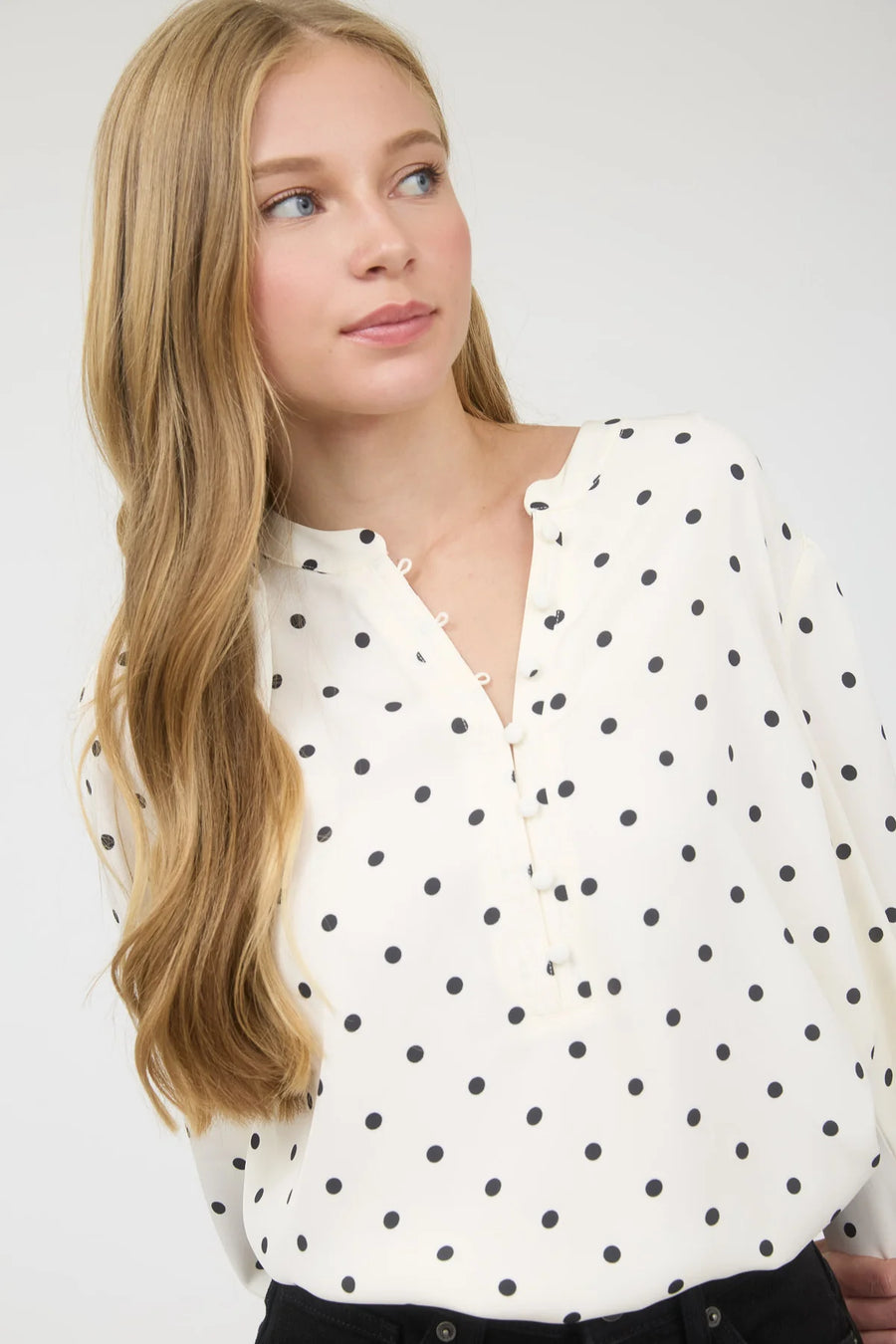 A La Mode | Polka Dot Henley Neckline Long Sleeve Blouse | Champagne