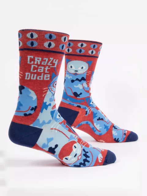 Crazy Cat Dude | Men's Crew Socks | Blue Q