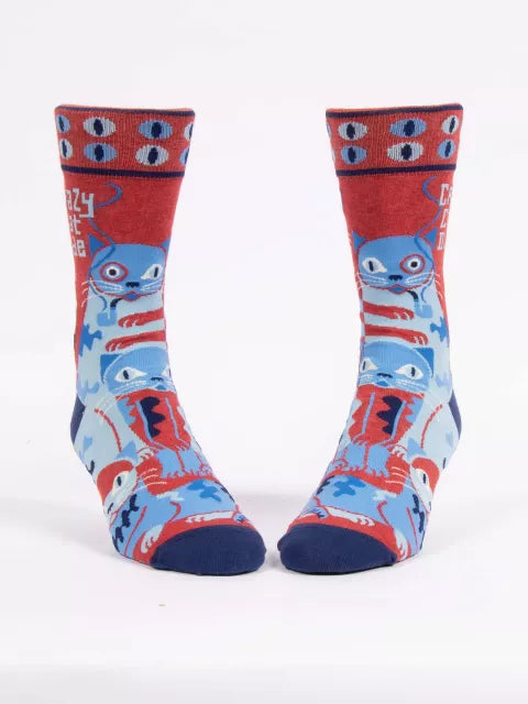 Crazy Cat Dude | Men's Crew Socks | Blue Q