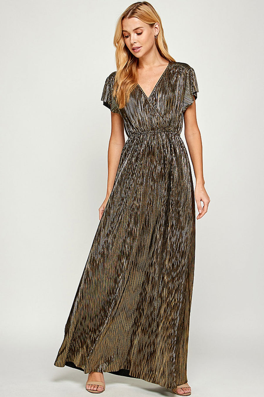 Winslet | Metallic Pleats Wrap Maxi Dress | Black/Gold