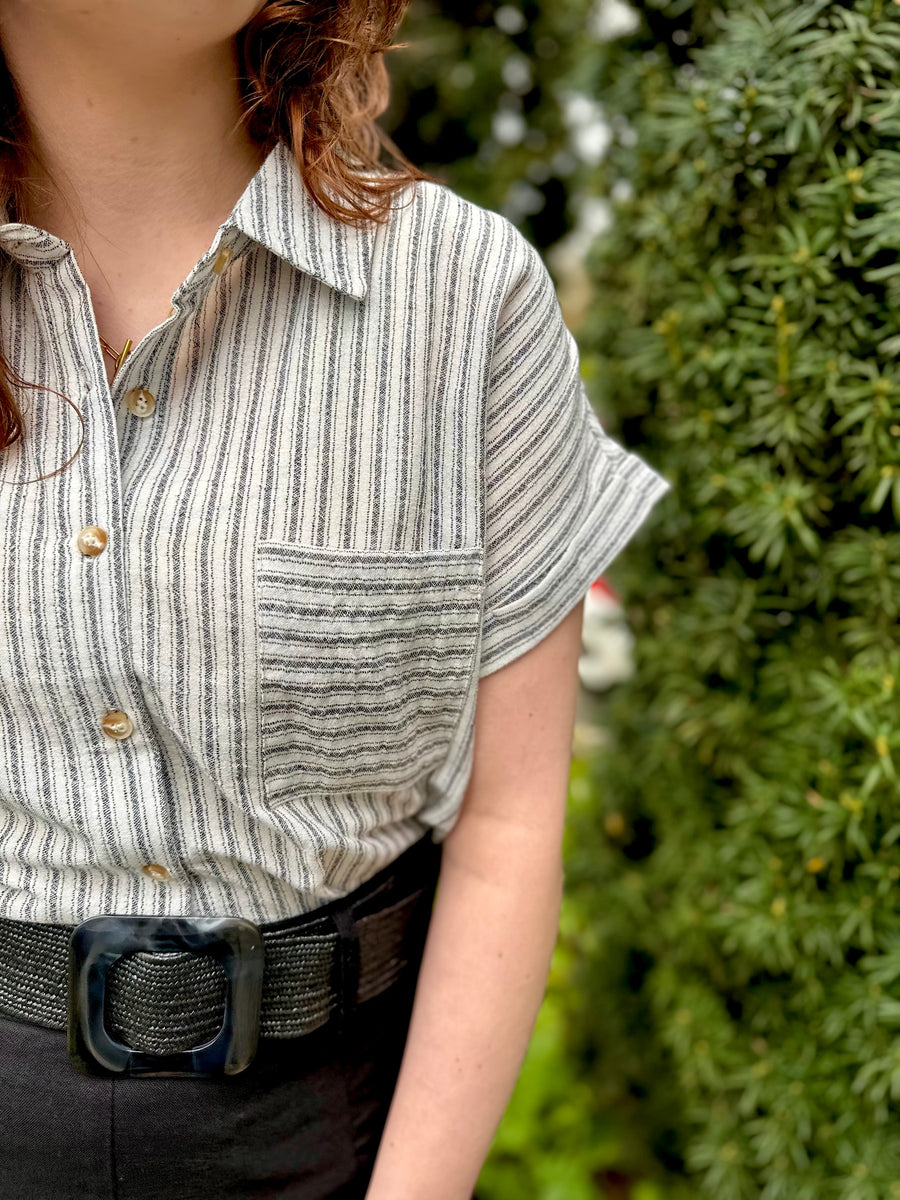 Hannah Short Sleeve Striped Button Up Shirt | Black