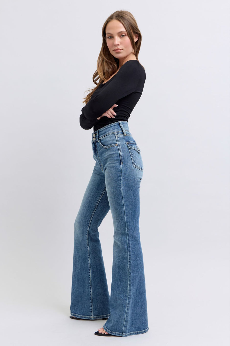 Halftime Show | High Waist Two Button Flare Jeans with Tint (Judy Blue Style 82630)