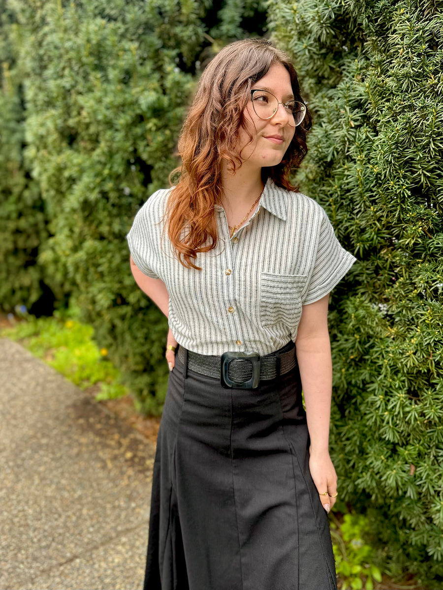 Hannah Short Sleeve Striped Button Up Shirt | Black