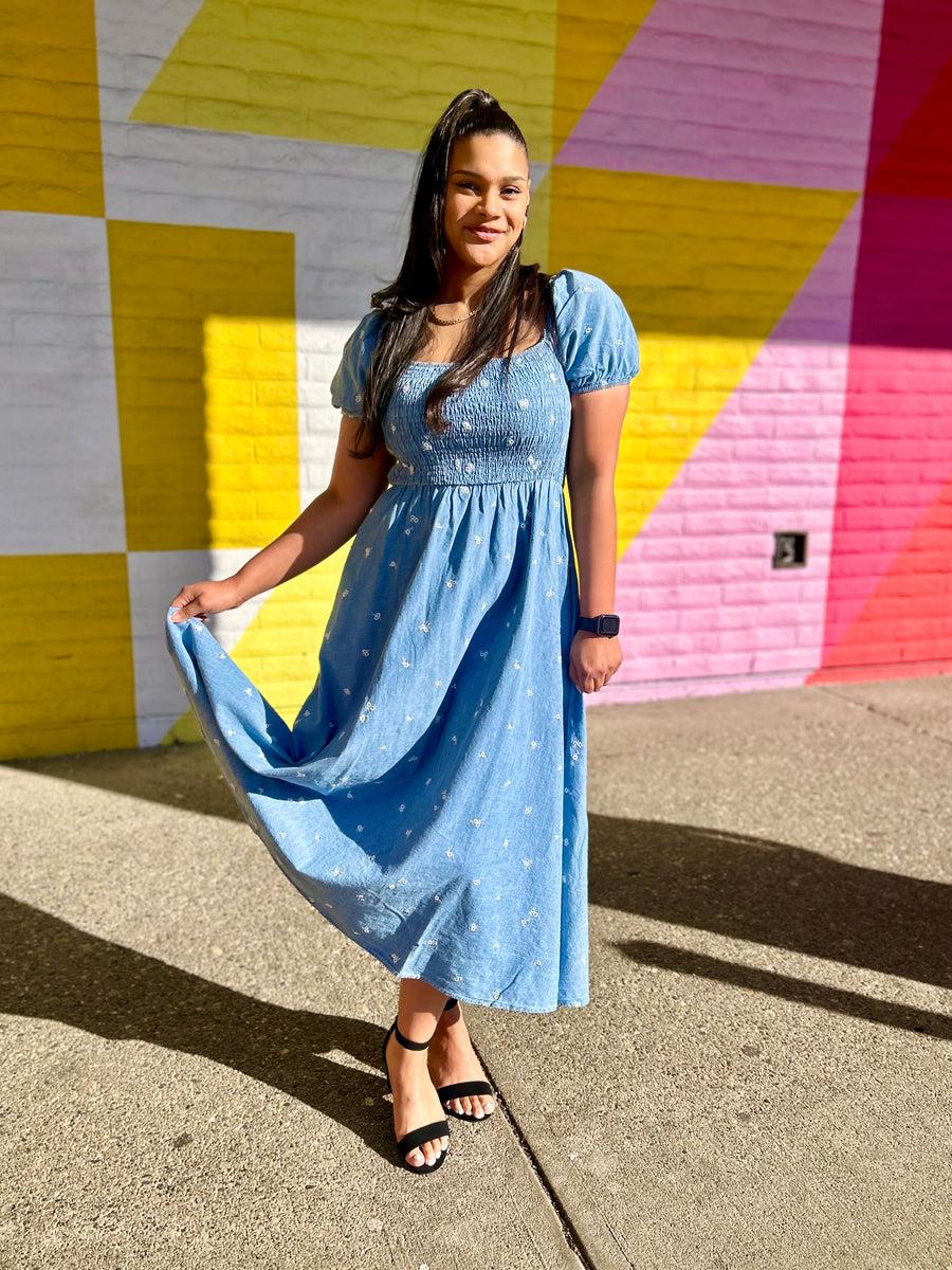 Denim Daisy | Floral Embroidery Smocked Midi Dress | Chambray The Zesty Lemon Clothing Co Denim Daisy | Floral Embroidery Smocked Midi Dress | Chambray The Zesty Lemon Clothing Co