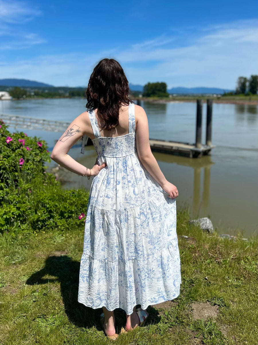 Daphne | Fruit Blossom Tiered Midi Dress | Blue