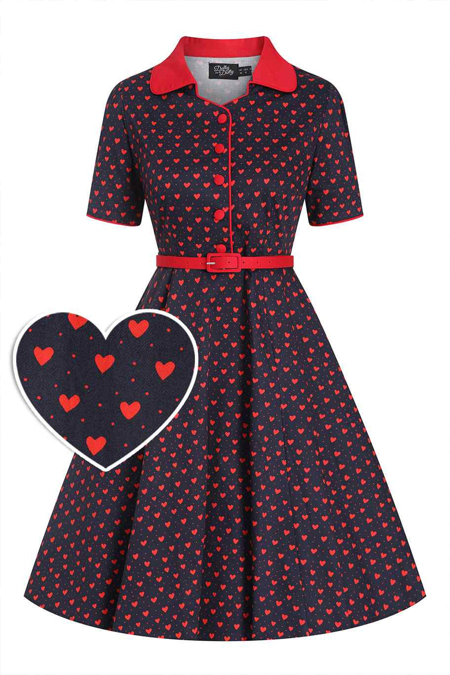 Penelope | Rockabilly Shirt Dress | Navy Blue With Hearts