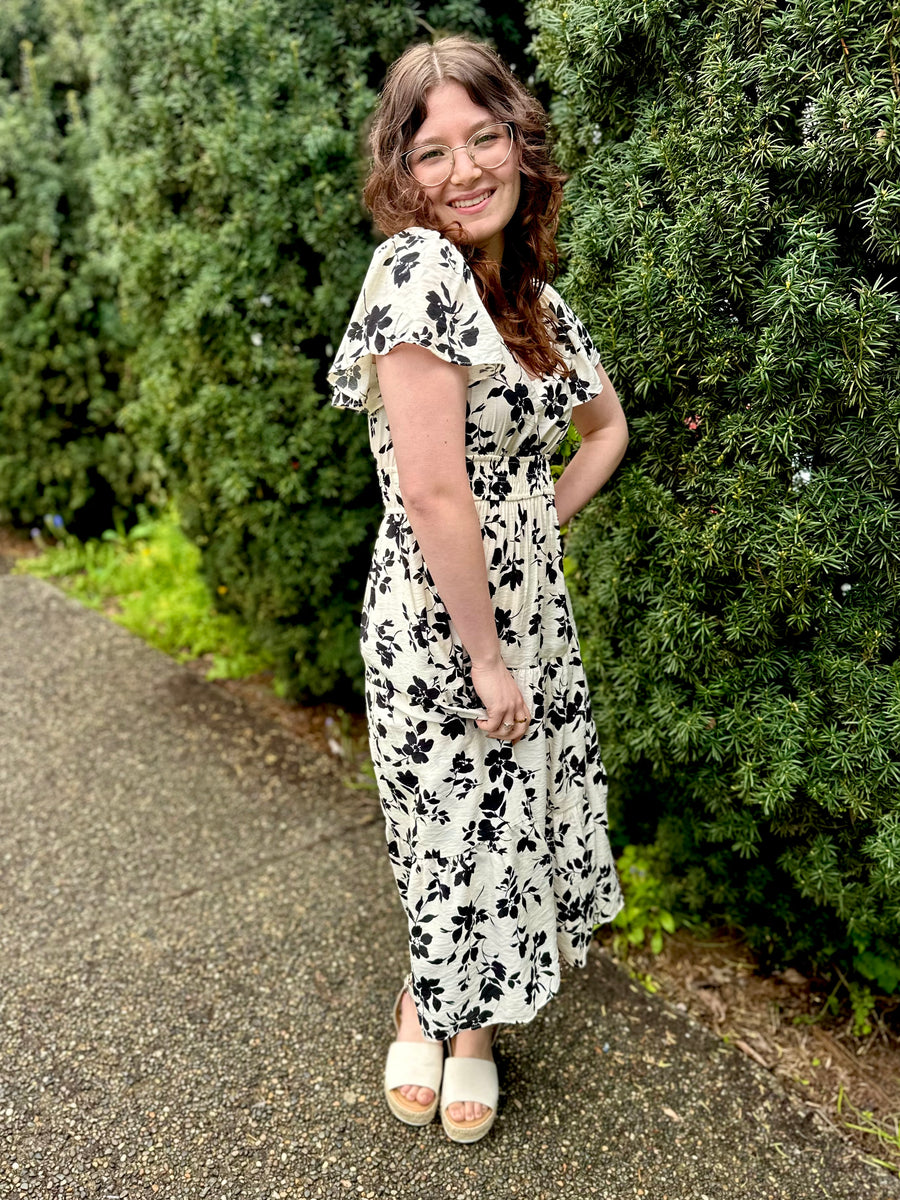 Fiore Bella | Floral Short Sleeve Midi Dress | Cream
