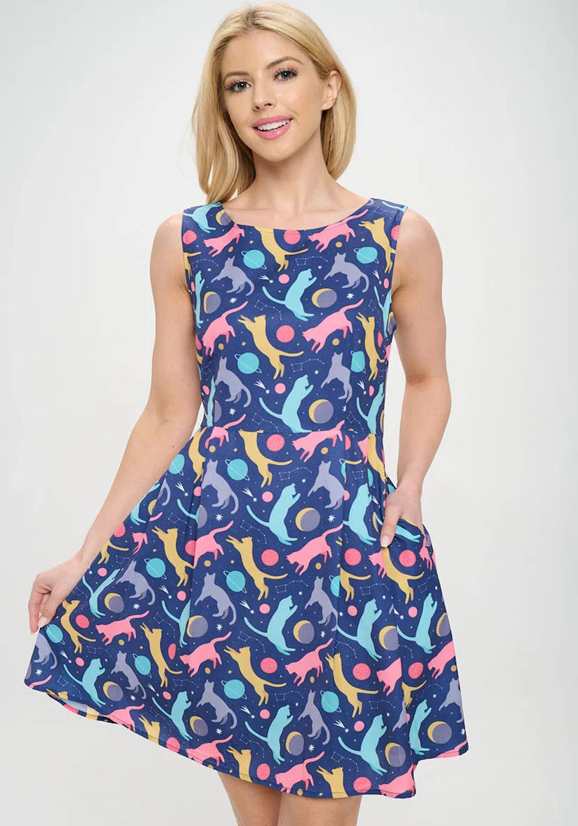 Cosmic Kitty | Playful Cat Print Dress *FINAL SALE*